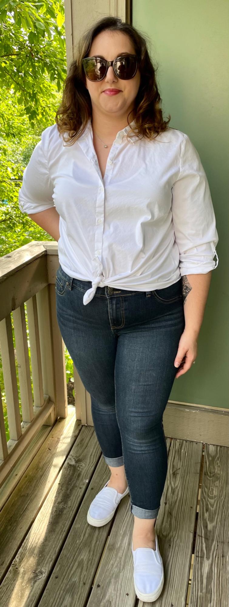 casual women's outfit with white shirt